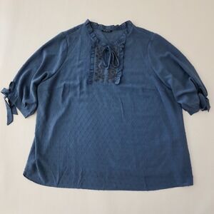 BloomChic Womens Plus Size 26 Blue Swiss Dot Embroidered Ruffle Tie Neck Blouse